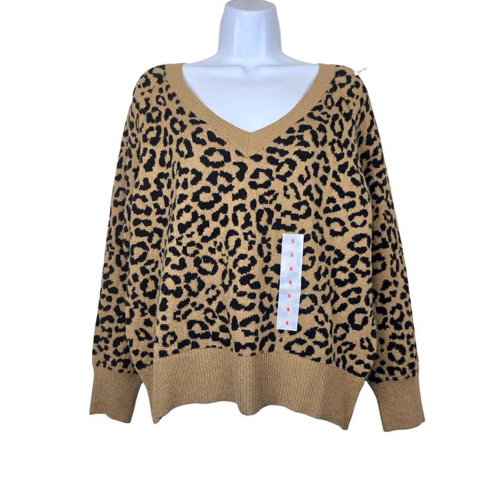 Old Navy Womens Tan Black Leopard Print V-Neck Pullover Sweater Size S NWT